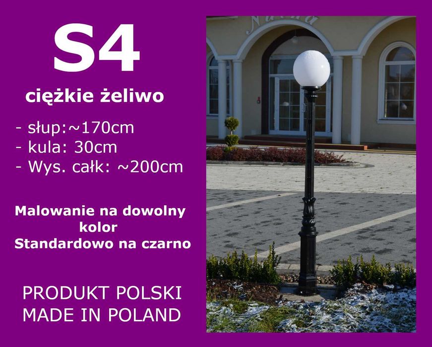 Lampa ogrodowa żeliwna z kloszem kula, latarnia, Hc=200cm
