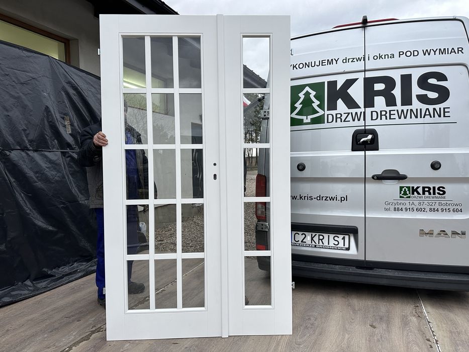 Drzwi wewnętrzne lite drewniane OD RĘKI białe dwuskrzydłowe Francuskie