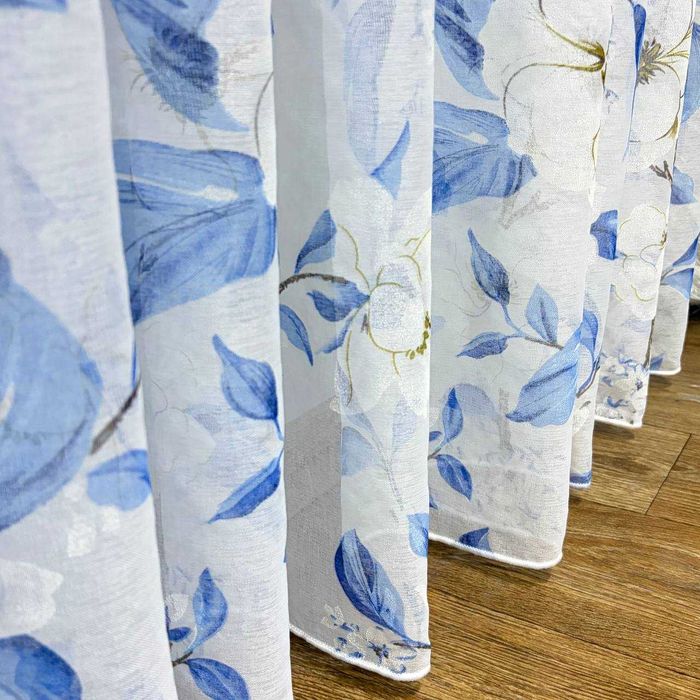 Тюль батист під льон Magnolia білий з блакитним готовий на тасьмі 150–600 см (YH85-6)
