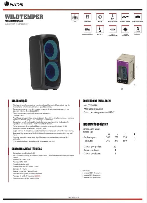 Coluna Nova na caixa de Som NGS 200 w