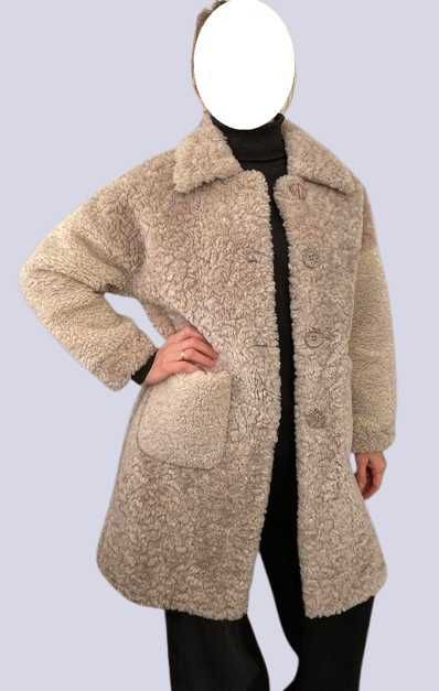 Бежева плюшева екошубка тедді, довжина до колін 46