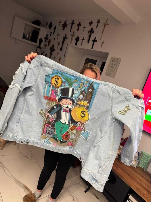 Customowa Kurtka Jeansowa Monopoly Millionaire ~ Na prezent | Ręcznie Malowane