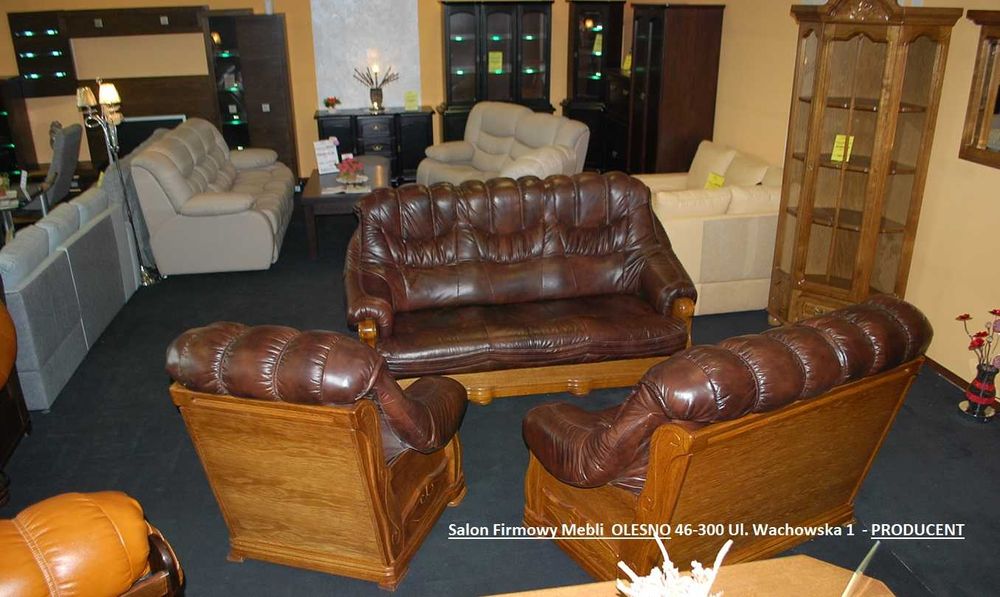 Nowy Komplet 3+2+1 KEVIN Stylowy, SKÓRA+ Dąb Rustikal = Meble Pyka