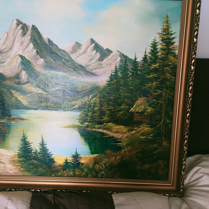 Obraz na płótnie góry jezioro złota rama