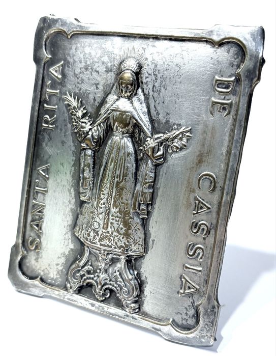 Antiga imagem religiosa “Santa Rita de Cassia”  com banho em prata - marcada