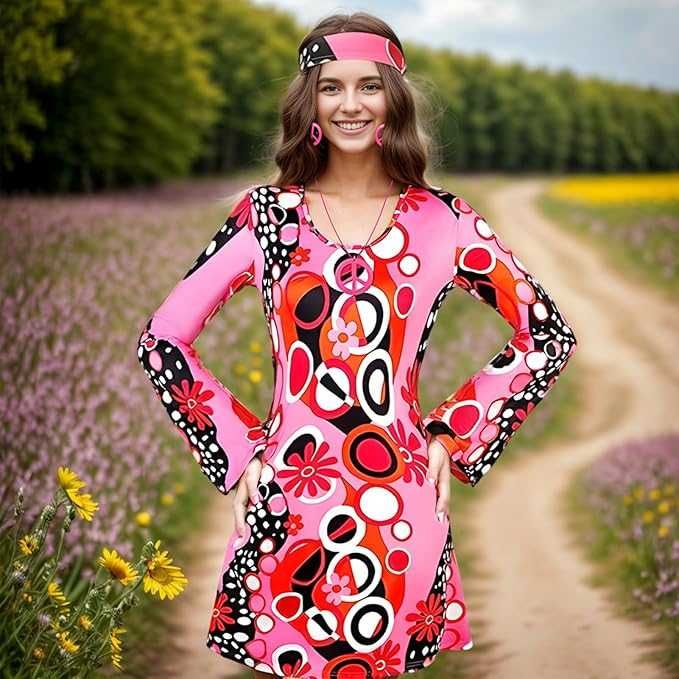 Kostium hipisowski damski w stylu lat 70. Sukienka rozmiar XL Q585