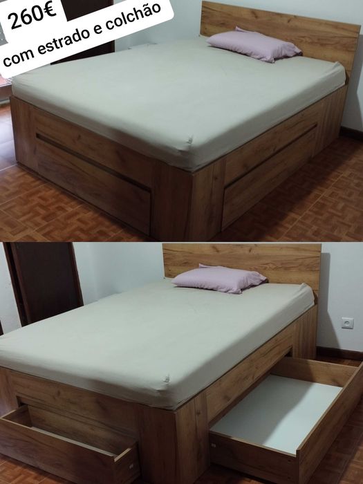 Cama Casal com colchão e gavetas