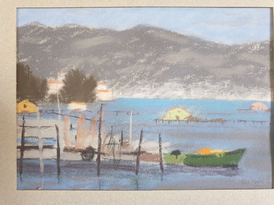 Paisagem com barcos - Pintura em pastel - D. Noël -