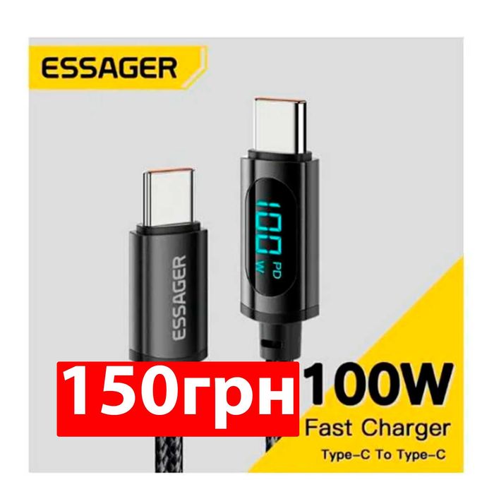 Кабель с экраном ESSAGER Type-C Type-C 100W 5А быстрая зарядка