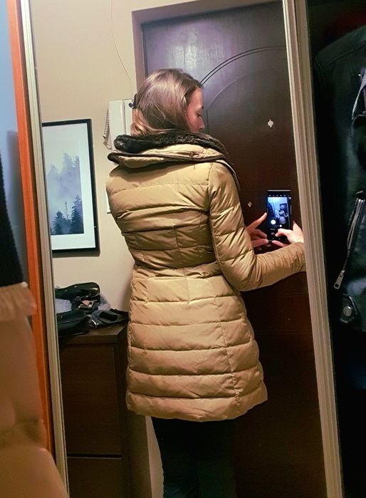 Karmelowy płaszcz puch naturalny puchowy ZARA S
