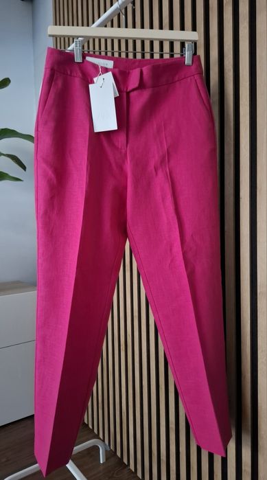 Lniany komplet fuksja spodnie żakiet fuksja M 38