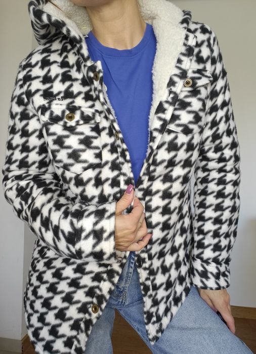Kurtka Lee Cooper shacket kaptur koszulowa pepitka kożuch
