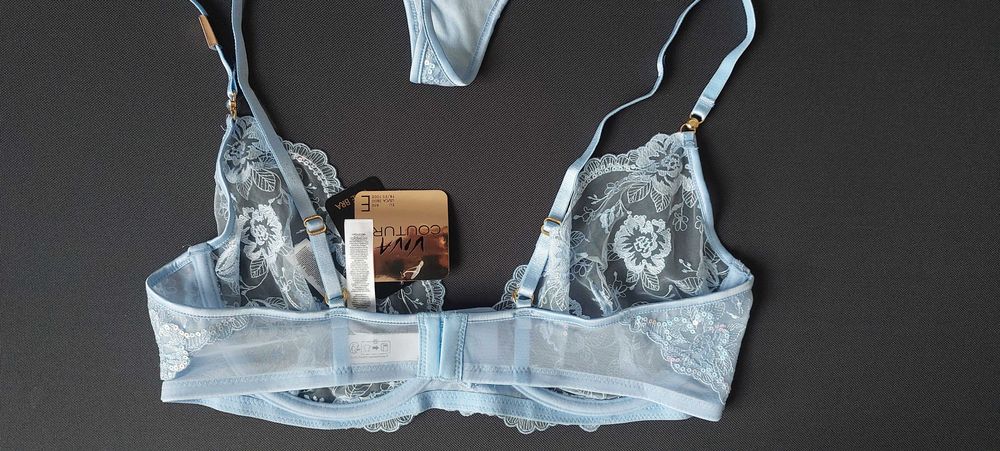 Komplet stanik prześwitujący stringi niebieski brokat 85E XL NOWY!!