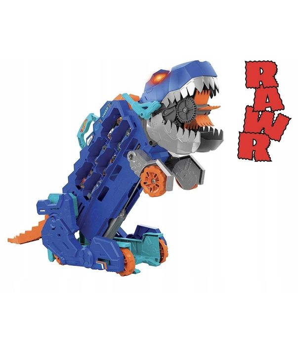 HOT WHEELS T-REX MEGA Trandporter dinozaur 2w1 Tory Wyścigowe  + autka