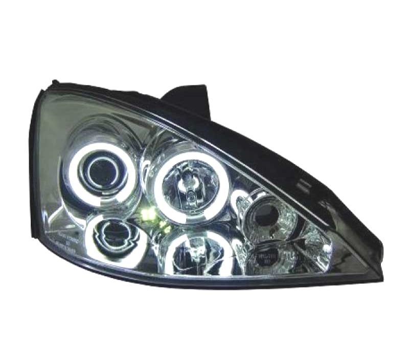 FARÓIS ANGEL EYES CCFL FORD FOCUS 98-03 FUNDO CROMADO