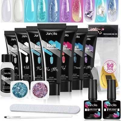 Kit Unhas Polygel 7 Cores Base Top Coat Pincel 100 moldes + Acessórios