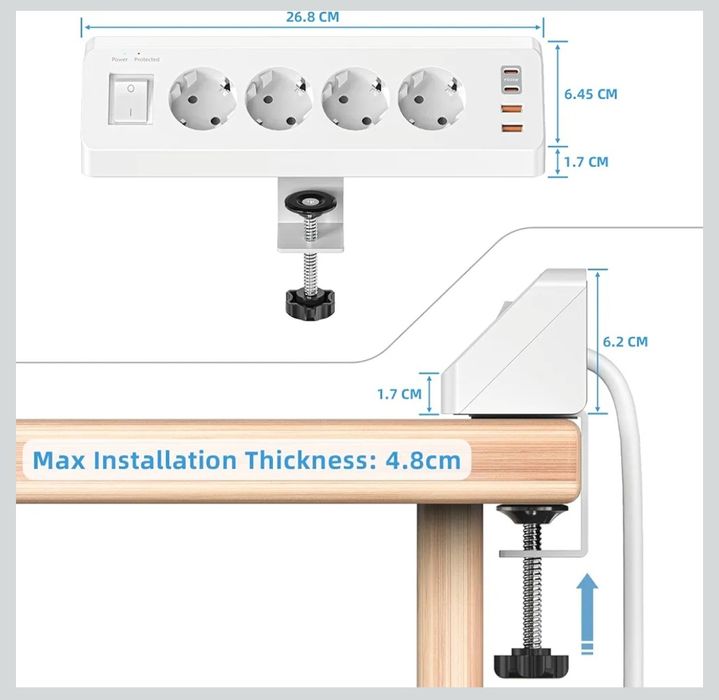 Gniazdo stołowe z USB C (PD 20 W), listwa zasilająca 8 w 1