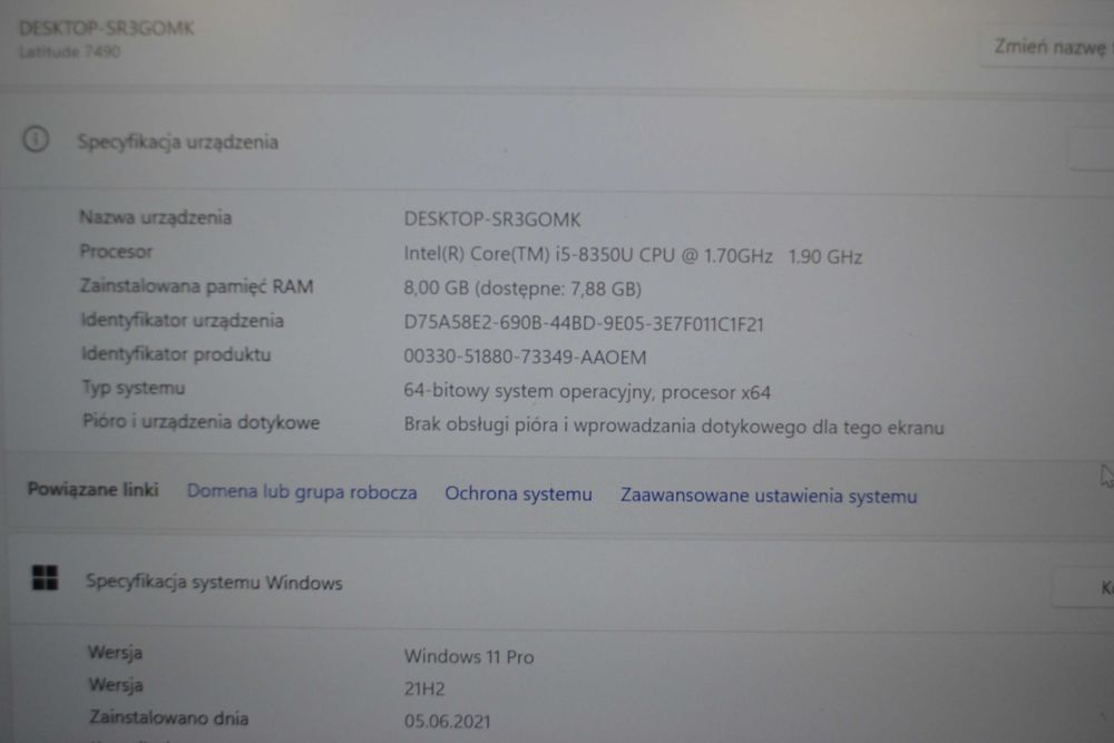 Laptop DELL Latitude 7490, i5-8350U, 256SSD, 8gb, 14 cali FHD