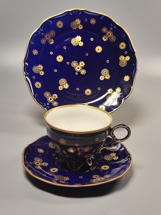 Lichte Fine China trio zestaw śniadaniowy, filiżanka, kobalt NRD / DDR