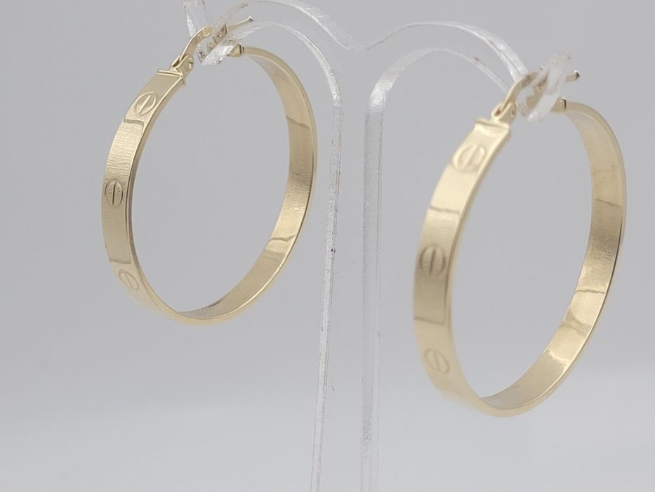 Nowe złote kolczyki złoto próby 585, koła średnicy 34 mm, śrubki