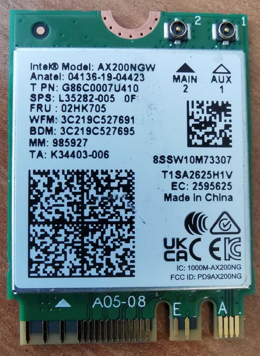 Двохдіапазонний адаптер модуль Wi-Fi + Bluetooth Intel AX200NGW