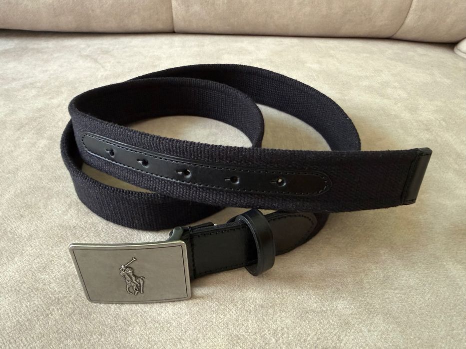 Oryginalny pasek Polo Ralph Lauren Webbed Belt skóra + taśma NOWY, nieużywany