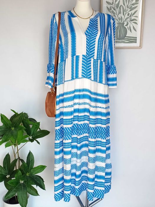 Niebieska sukienka maxi wzory etno 100% wiskoza 38 M boho