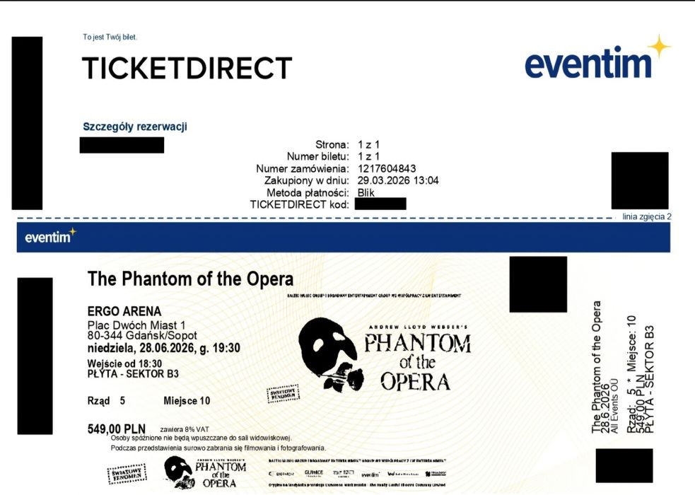 Bilet "Phantom of the Opera" Ergo Arena Gdańsk 28.06.2026