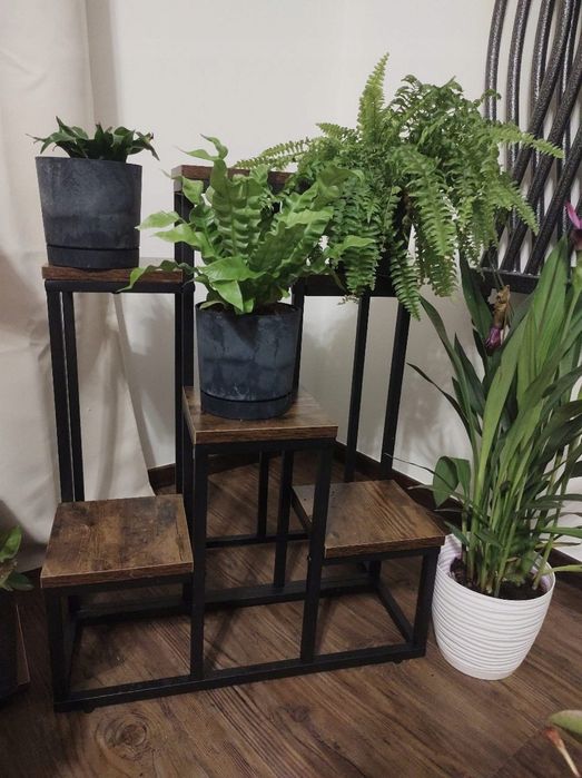 Kwietnik metalowy, 6 półek, czarny + postarzany dąb, styl loft, 67 cm