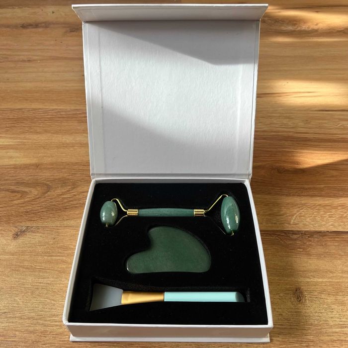 Roller jadeitowy gua sha zestaw + pędzel masaż twarzy lifting spa nowy
