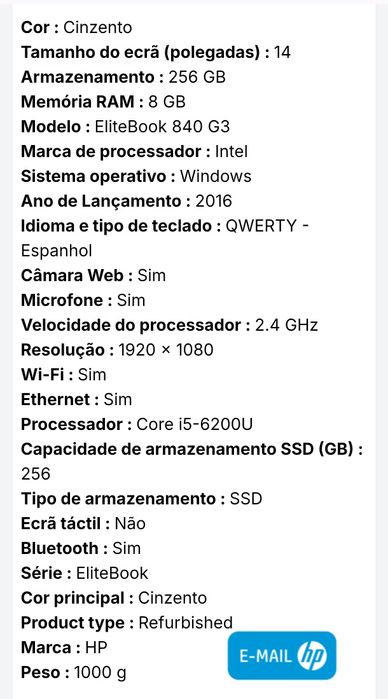 Portátil HP G3 Touchscreen 12"
Processador i5
8GB RAM
Disco SSD 256