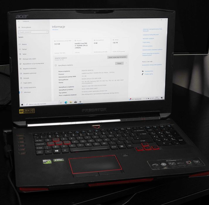 OKAZJA Acer Predator 17X GX-792 17'' 4k i7-7820HK 32GB 1080 1TB NVME