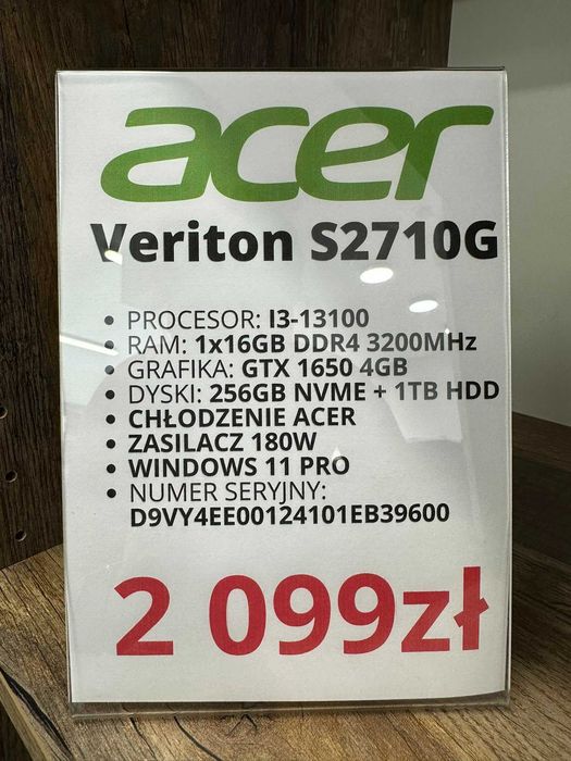 Komputer Acer Veriton S2710G i3-13100/16GB/GTX 1650/256GB/WIN 11 stan bdb gwarancja