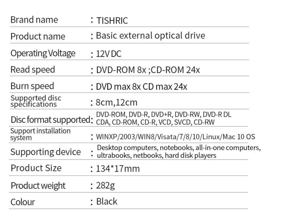 Disco externo, leitor de CD e DVD Tishric.