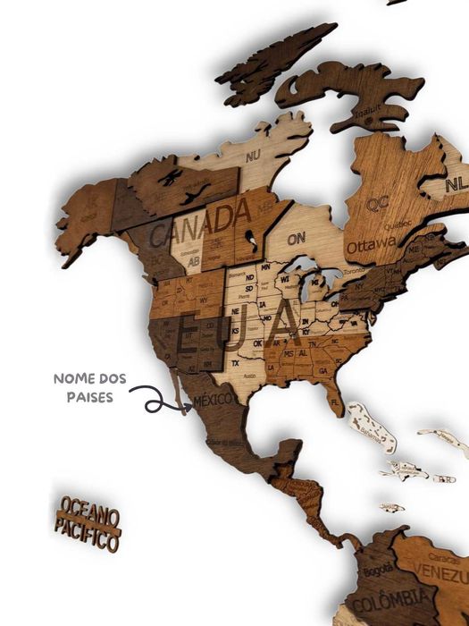 Mapa mundo em madeira decoração de parede com relevo 3d