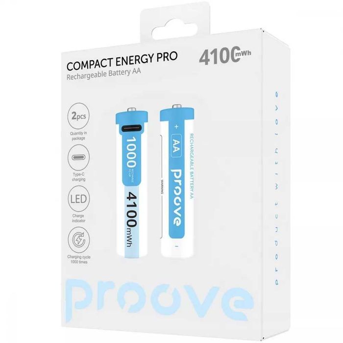 Батарейки AA акумуляторні з Type-C роз'ємом Proove 4100mAh Lithium-ion аккумулятор AAA с зарядкой от usb-c 2 штуки