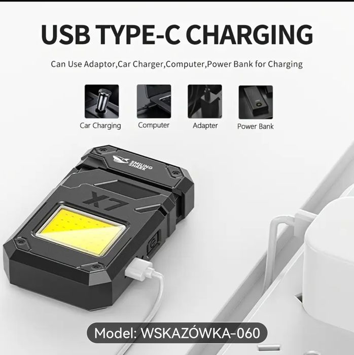 Zapalniczka przenośna żarowa, ładowana na USB +kabel, latarka COB