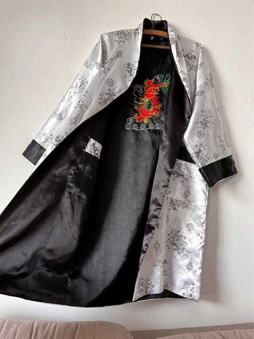 Japońskie kimono dwustronne premium czarne haft smoka big satin asia
