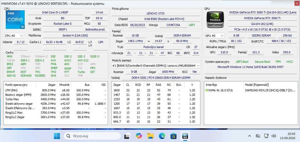 Komputer Lenovo Legion T5 i5-11400F/16GB/512GB/RTX 3060Ti/Windows 11