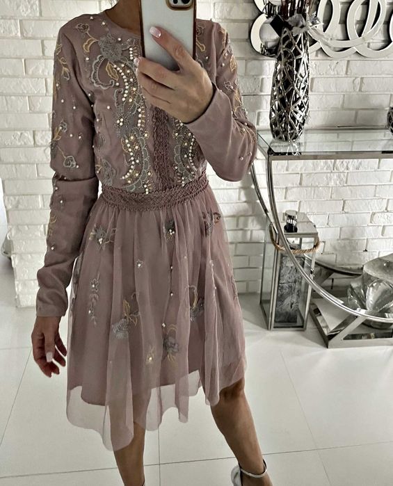 Przepiękna sukienka koraliki perełki L wesele ślub tiulowa asos