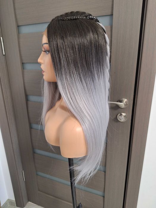 Peruca lisa de renda, loiro ombré com trança