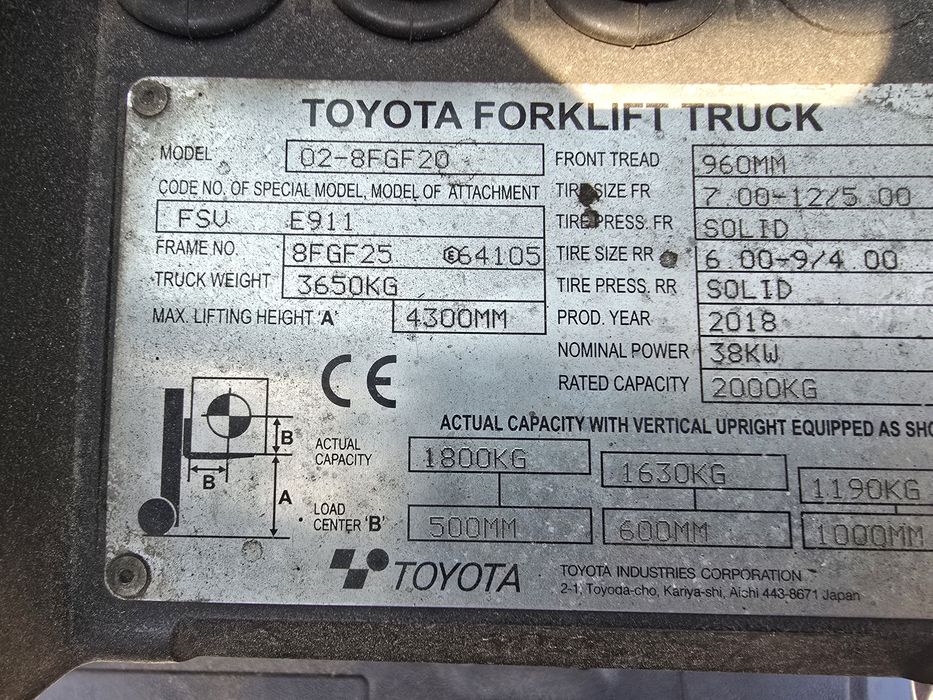 Toyota 02-8FGF20 Triplex 4,30 m  rok 2018 kabina plandeki