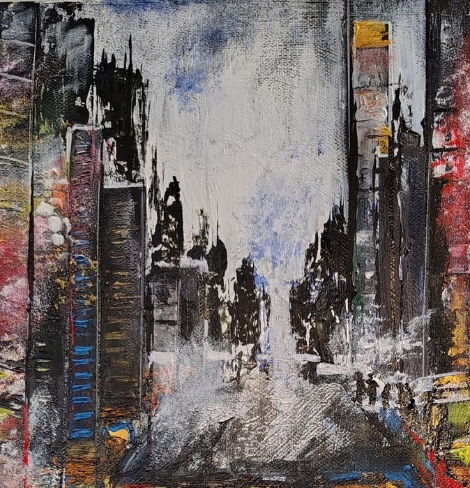 Obraz wspólczesny 30x40x4 cm. Metropolia w deszczu. Malarstwo strukturalne akrylowe na płótnie.