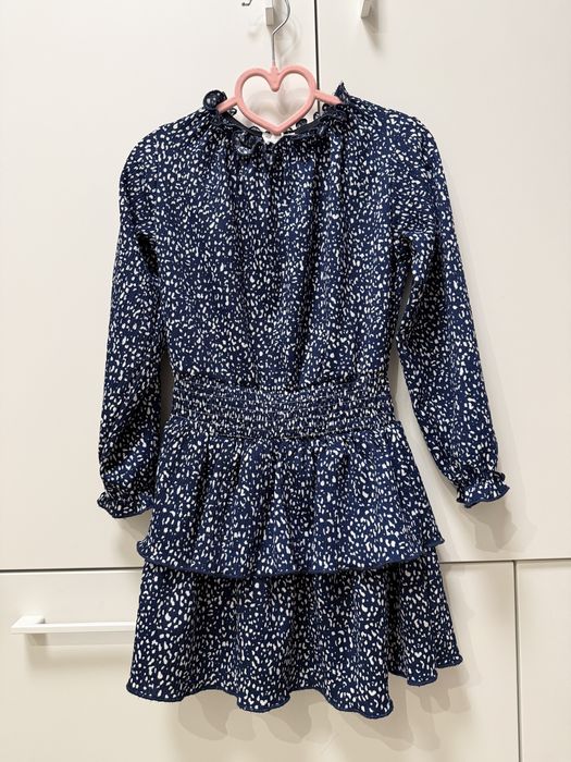 Сукня Mango Kids 116 синя з принтом, довгий рукав, волани