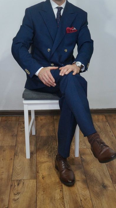 Dwurzędowy Garnitur LAVARD 58 | Granatowa Krata | Wełna Premium Suit