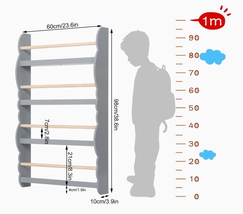 Nowa PIĘKNA półka ścienna na książki organizer stojak 4 poziomy