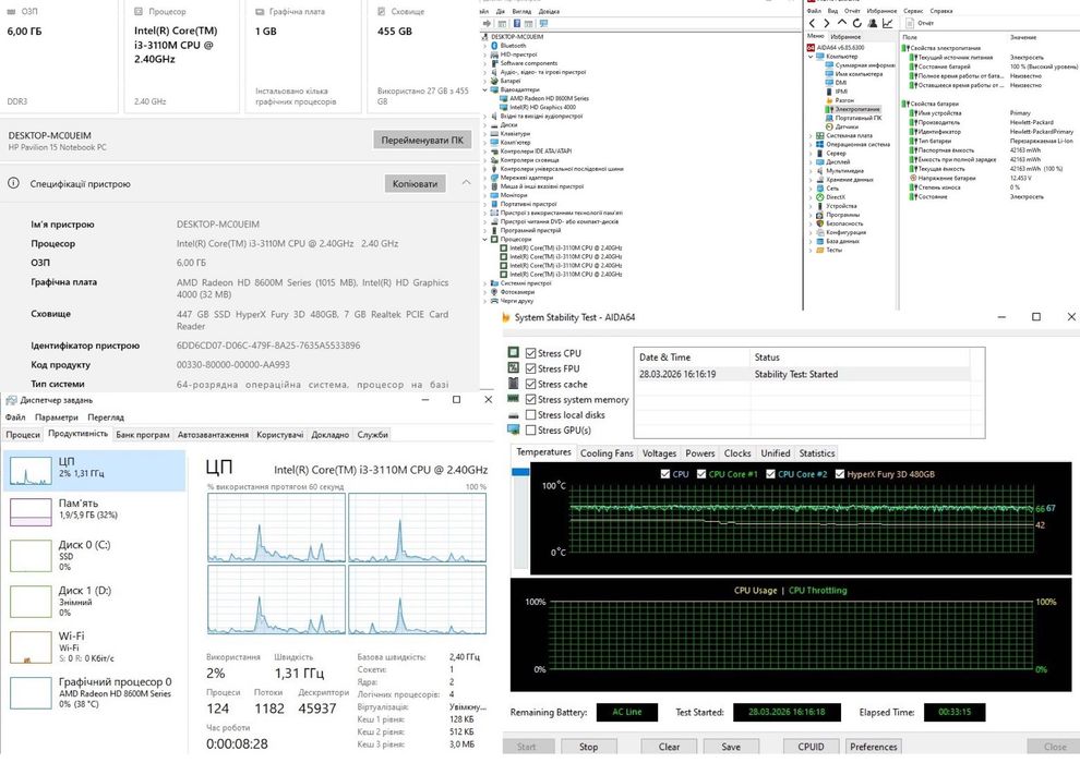 Ноутбук HP Pavilion 15-e039sc, intel core i3 3110m, 6GB ram