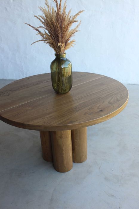 Stół toczone nogi dębowy japandi orzech egger masywny rozkładany okrągły 120 cm 130 cm 140 cm