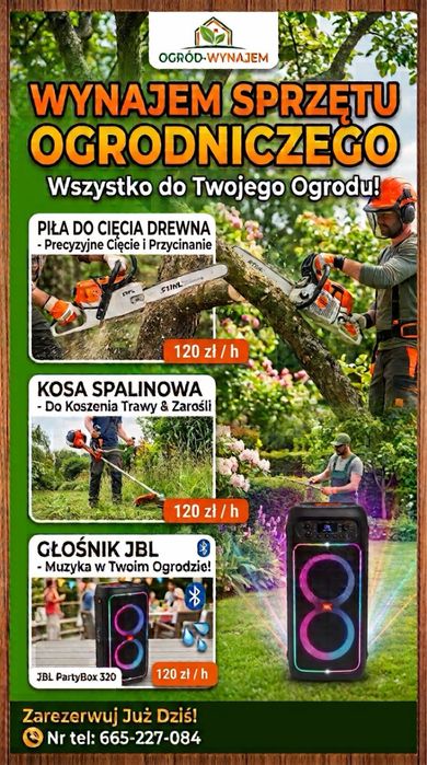 Wynajem sprzetu ogrodniczego, kosa spalinowa, piła łancuchowa, Głosnik JBL  party box 320 Czempiń, Kościan,Mosina