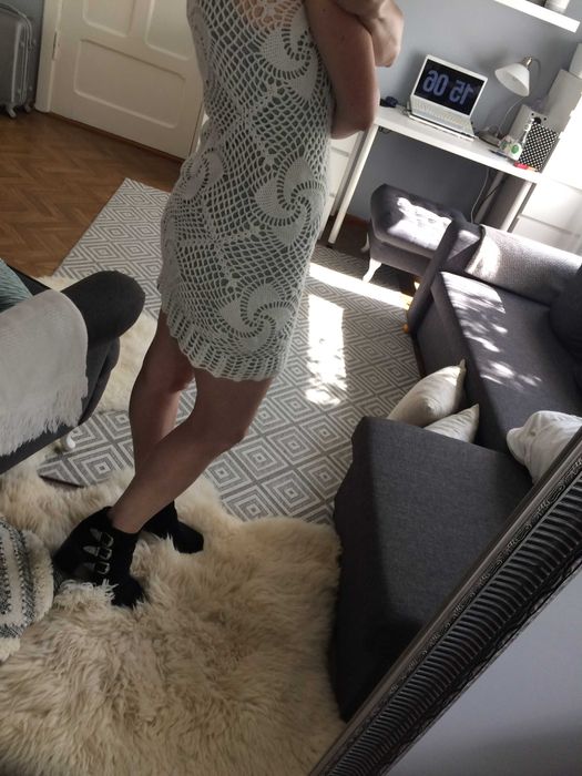 Sukienka biała krem boho hippie letnia handmade szydełko XS 34 S 36